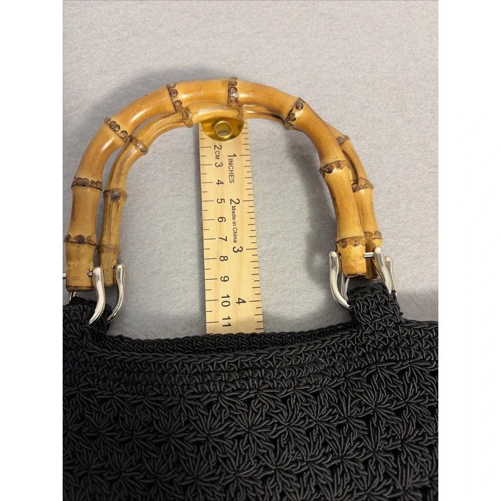 Black Woven Purse With Bamboo Handles, Slouchy Summer Boho